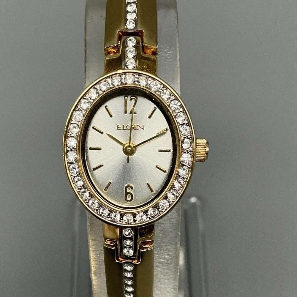 Elgin Womens Watch 19mm Oval Dial Gold Tone Crystals New Battery 7.5